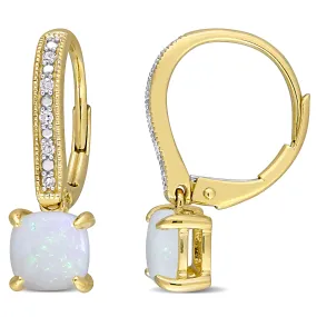 1 1/3 CT TGW Opal and Diamond Accent Milgrain Leverback Earrings in 10K Yellow Gold