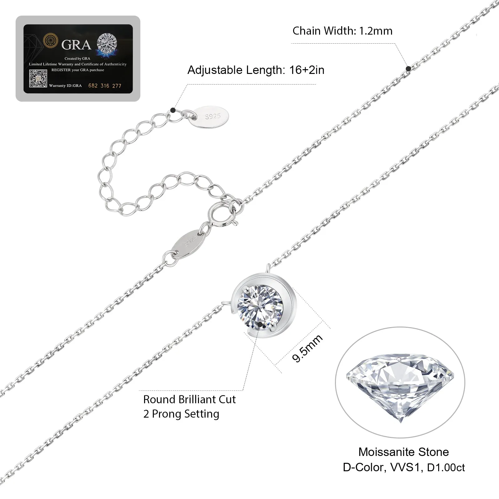 1.0 Carats VVS1 Moissanite Moon Pendant Necklace for Women 0298