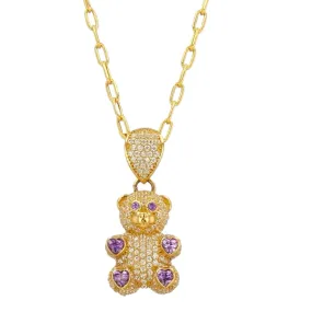 10K Yellow Gold Teddy 4 purple hearts Bear Charm paper clip choker-63940