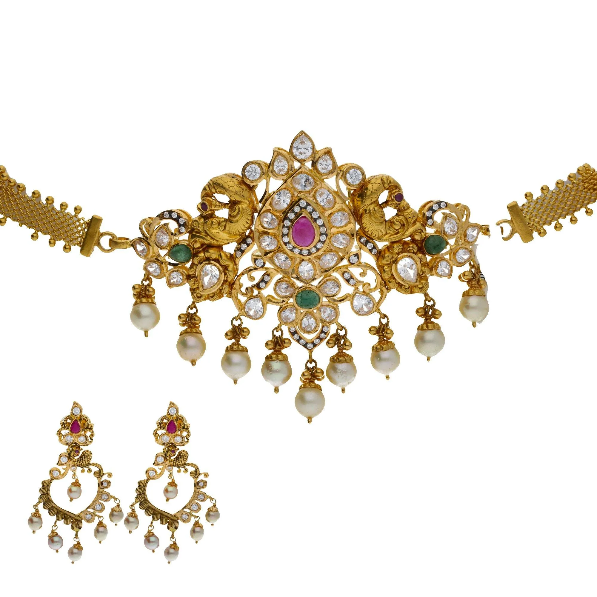 22K Yellow Antique Gold 2-in-1 Choker/Vanki & Earrings Set W/ Emerald, Ruby, CZ, Pearls & Asymettric Earring Designs