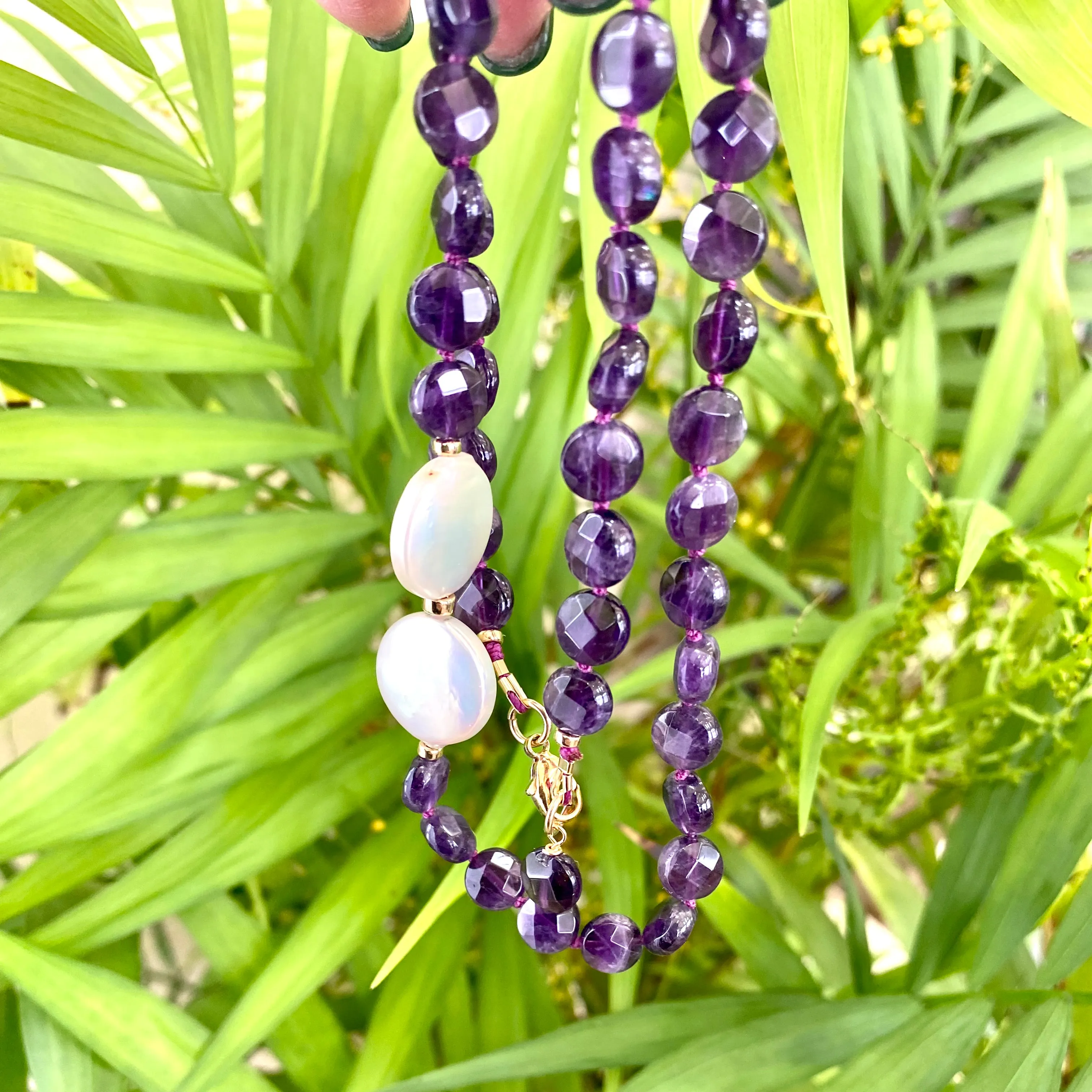 Amethyst Coin Beads and Coin Pearls Necklace, February Birthstone, Gold Filled Details, 20inches