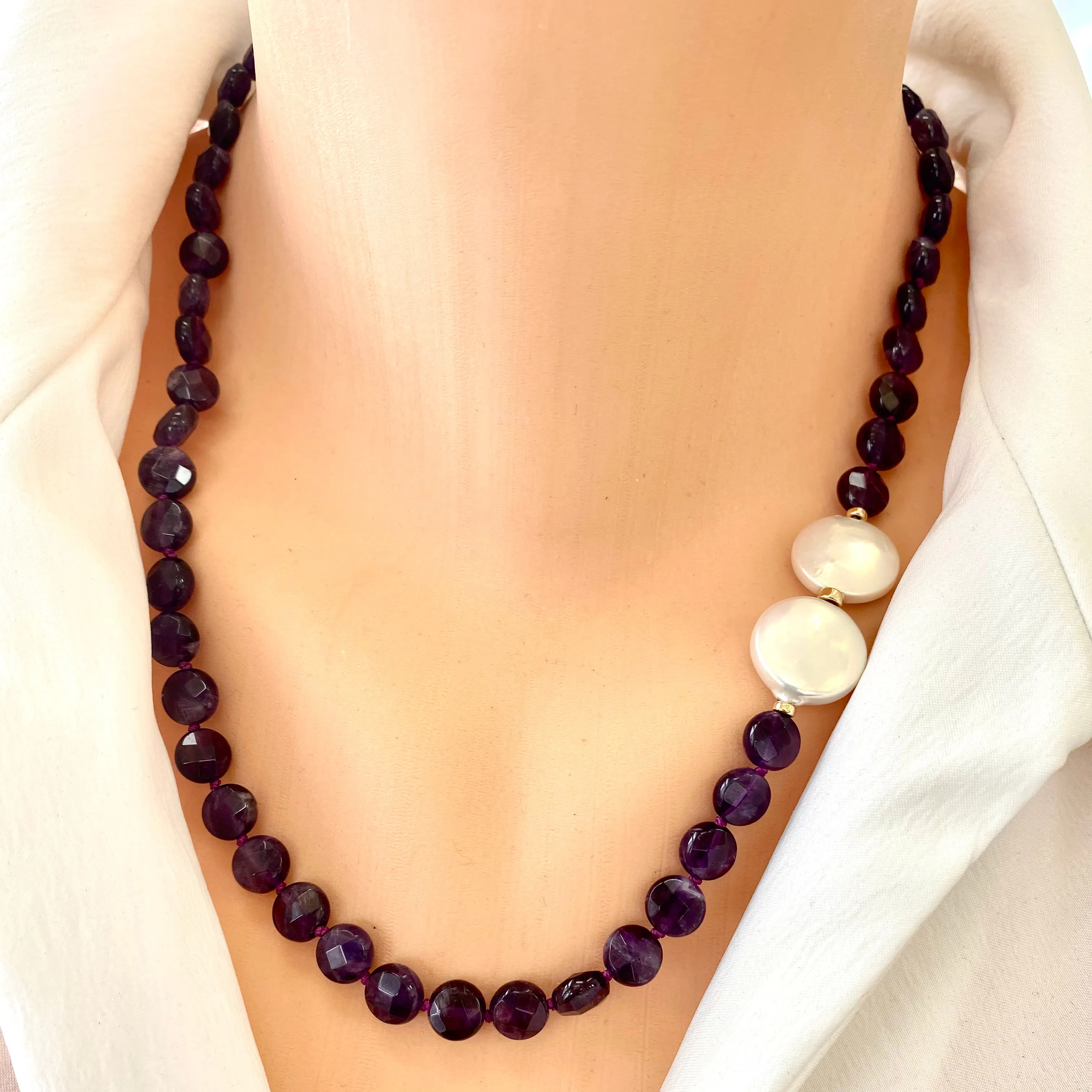 Amethyst Coin Beads and Coin Pearls Necklace, February Birthstone, Gold Filled Details, 20inches