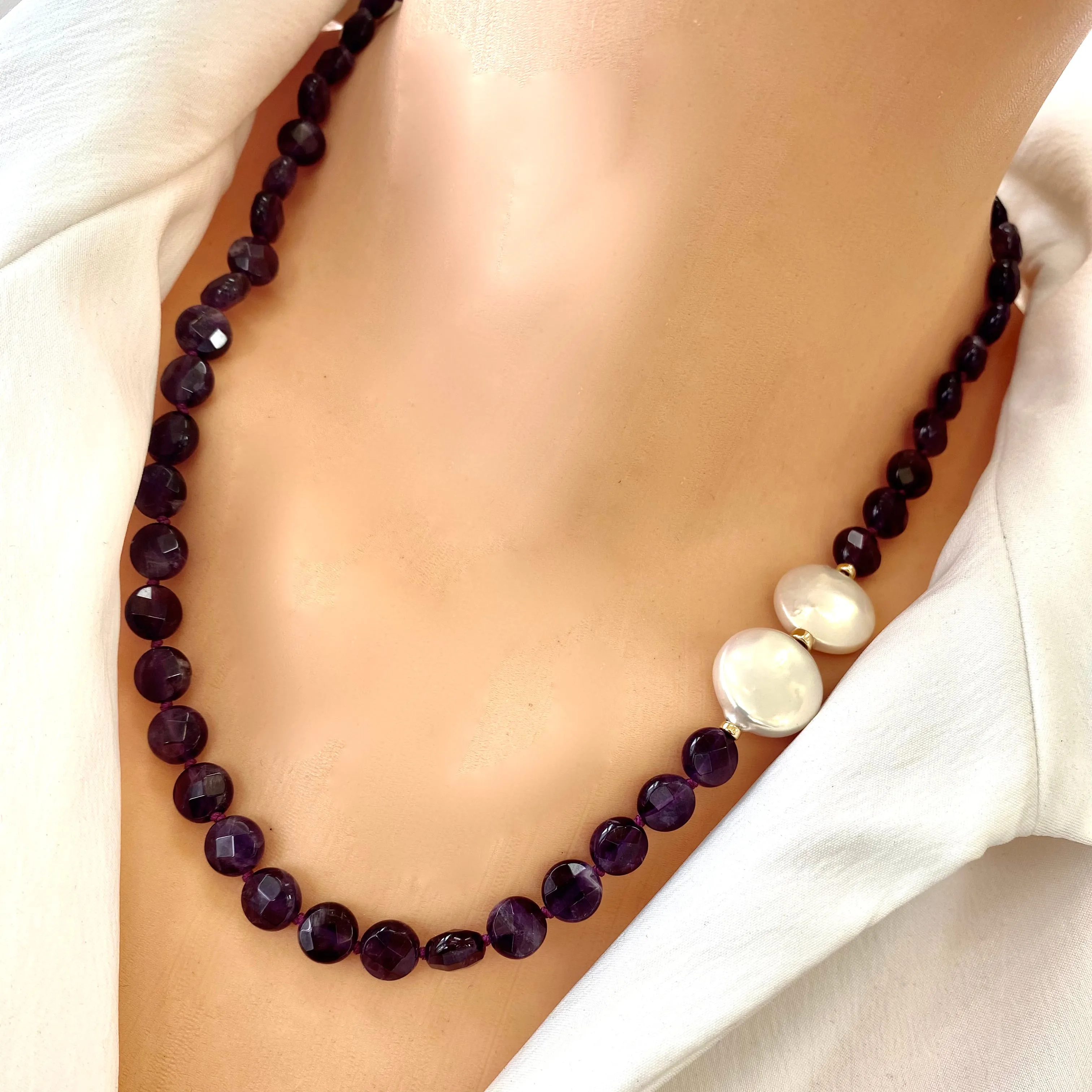 Amethyst Coin Beads and Coin Pearls Necklace, February Birthstone, Gold Filled Details, 20inches