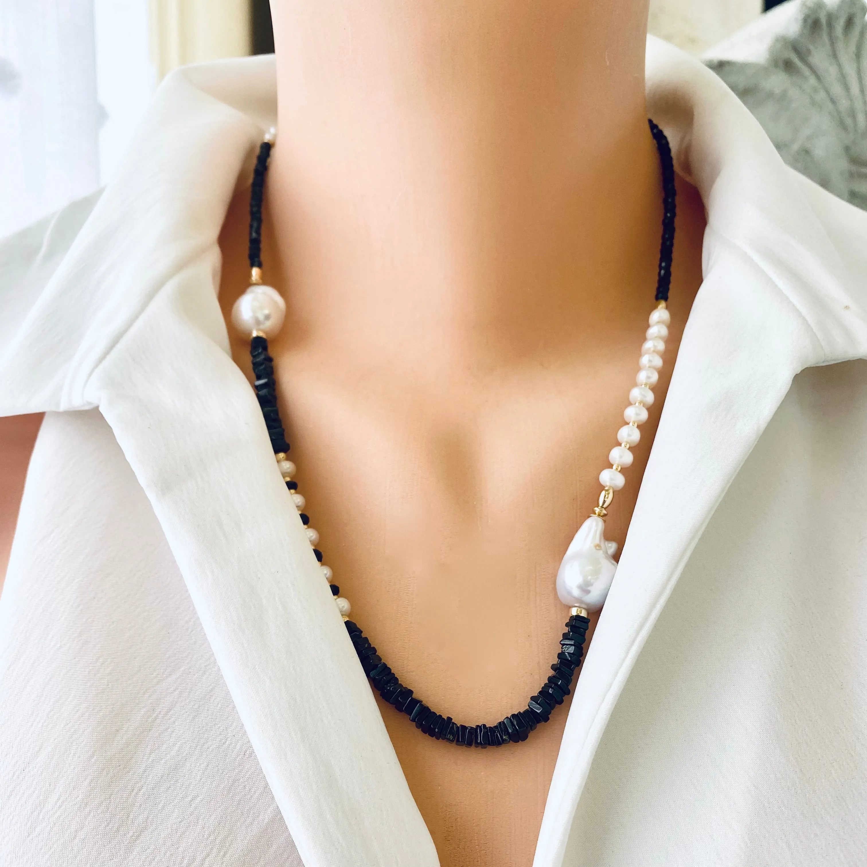 Asymmetric Black Spinel & Freshwater Baroque Pearl Necklace, Gold Filled, 21.5inch