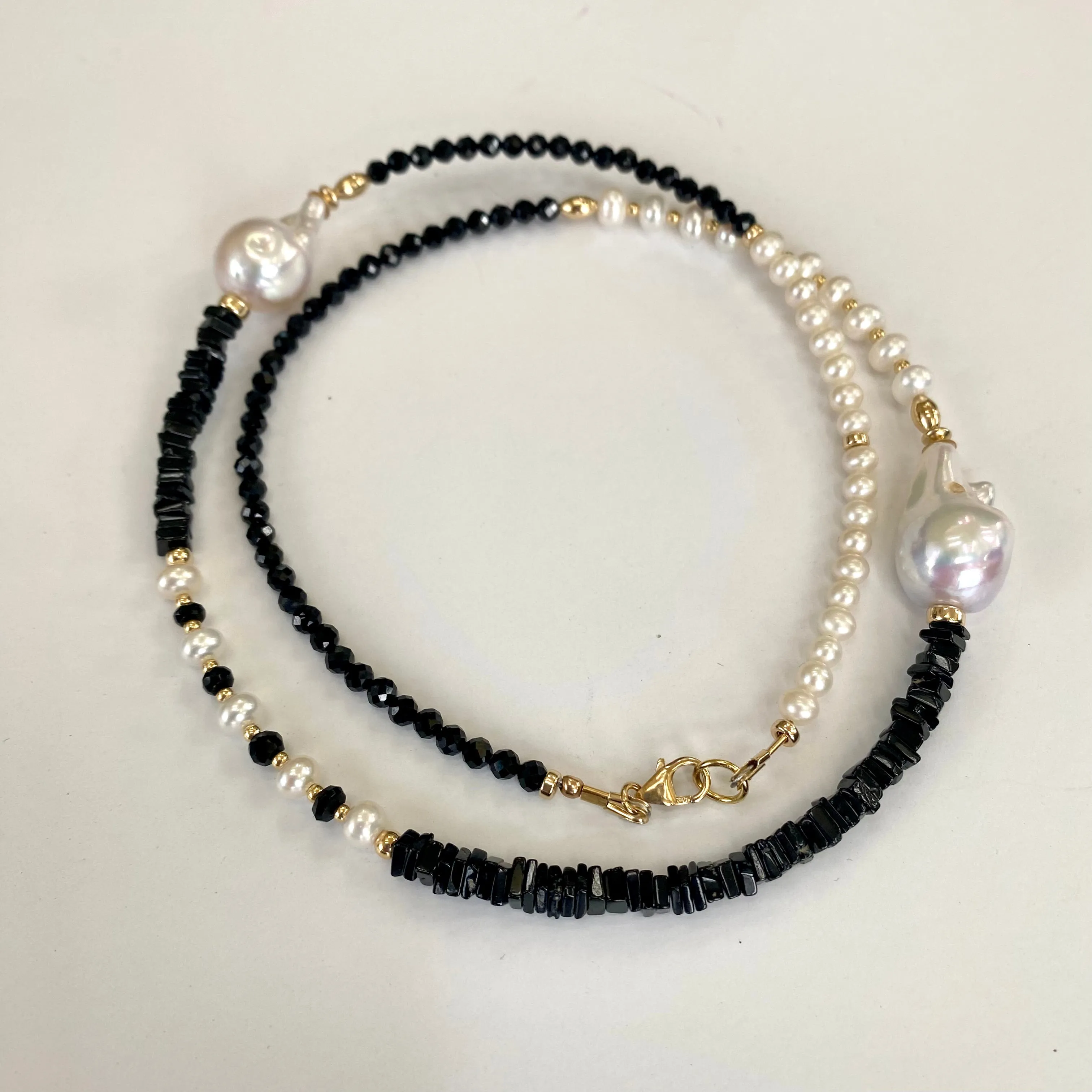 Asymmetric Black Spinel & Freshwater Baroque Pearl Necklace, Gold Filled, 21.5inch