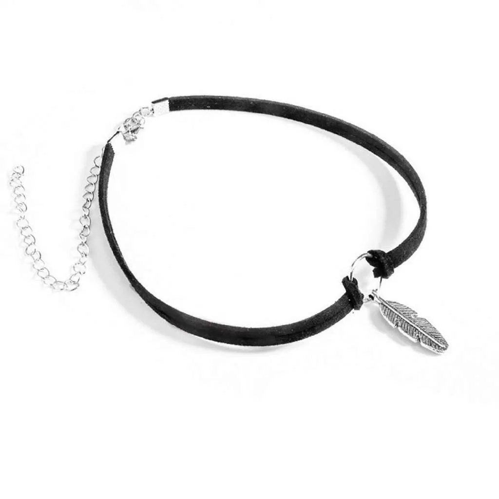 Black Choker with Silver Circle and Feather Charm