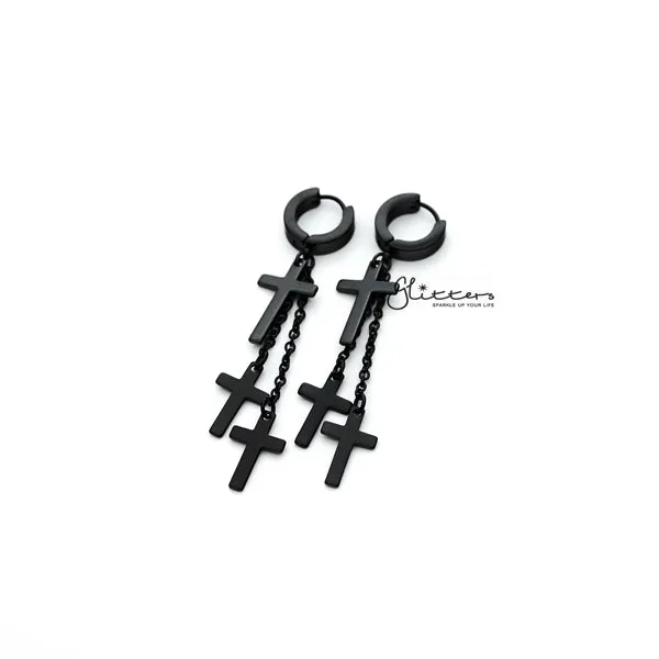 Black Titanium IP Stainless Steel 3 Cross and Chain Dangle Hinged Hoop Earrings