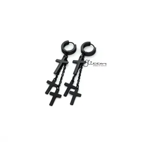 Black Titanium IP Stainless Steel 3 Cross and Chain Dangle Hinged Hoop Earrings