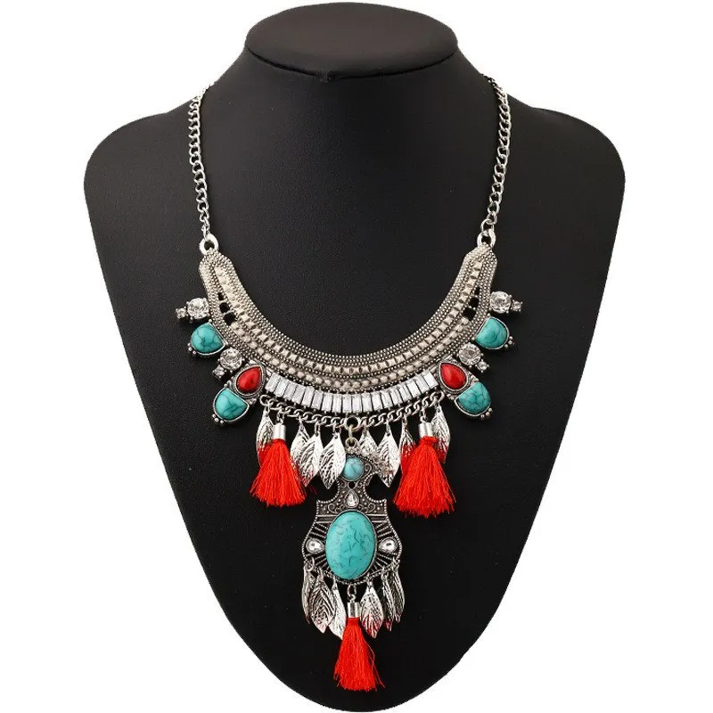 Bohemian Cotton Tassel Blue Stone Choker Statement Necklace -2 Colors