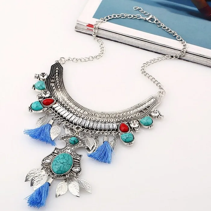 Bohemian Cotton Tassel Blue Stone Choker Statement Necklace -2 Colors