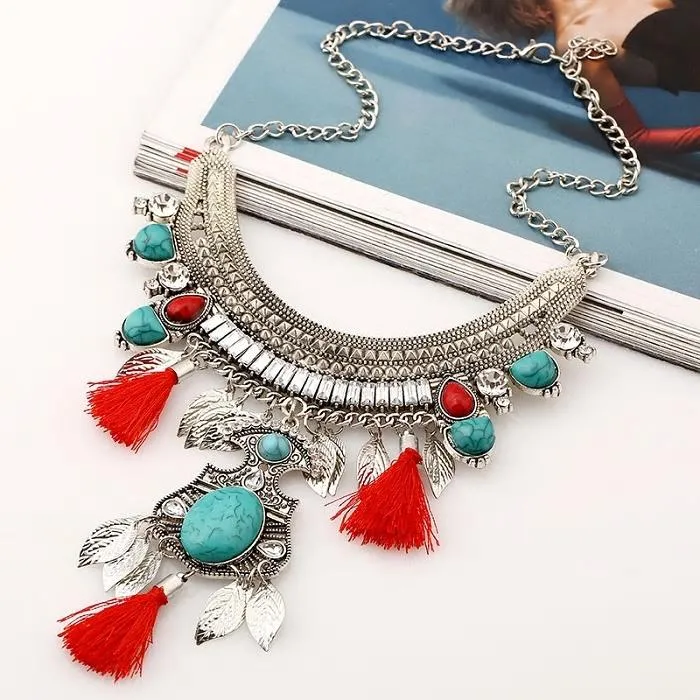 Bohemian Cotton Tassel Blue Stone Choker Statement Necklace -2 Colors