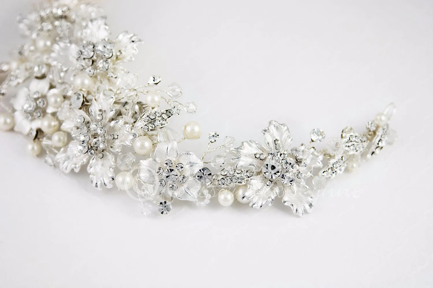 Bridal Headpiece with Frosted Flowers Pearls and Crystals