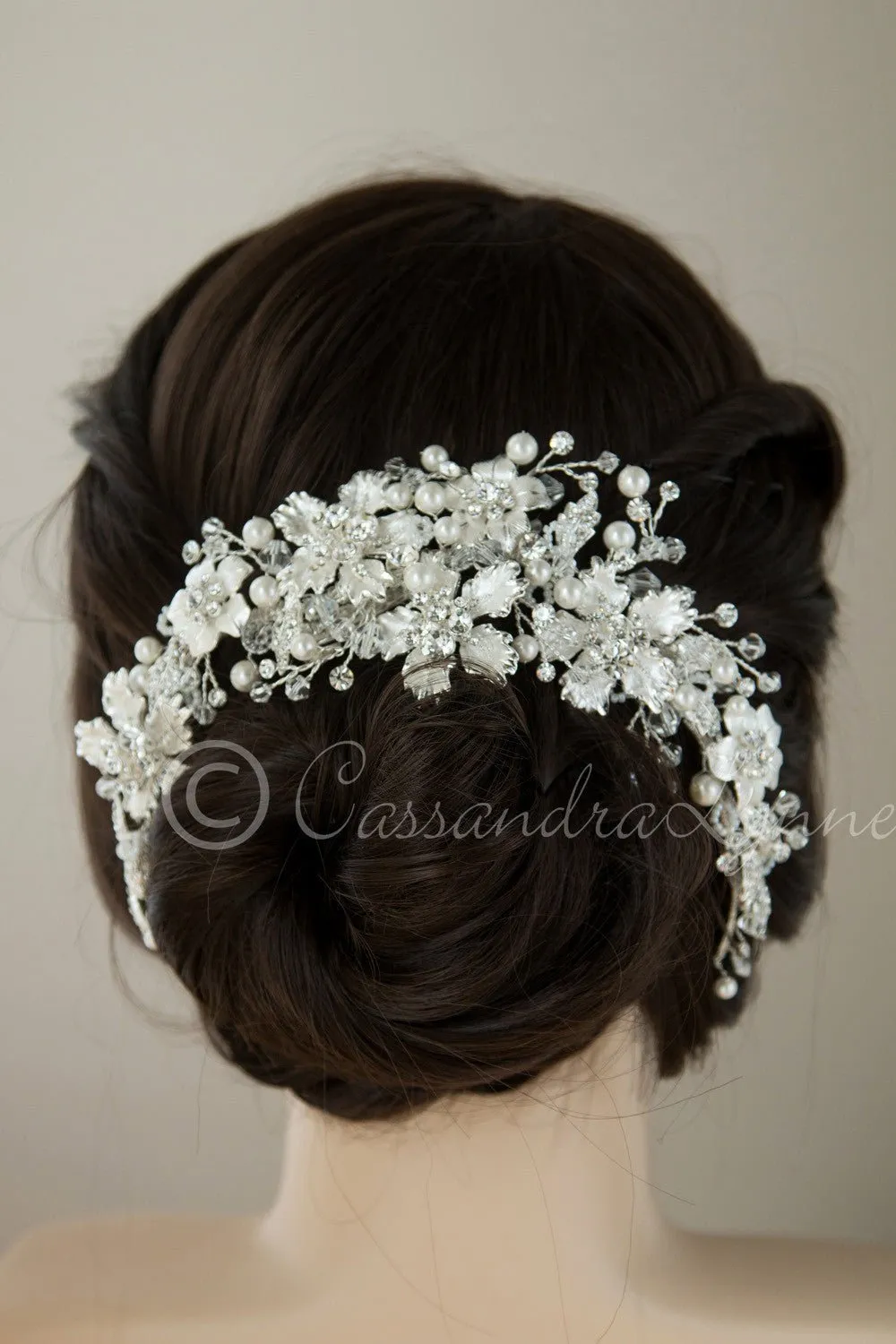 Bridal Headpiece with Frosted Flowers Pearls and Crystals