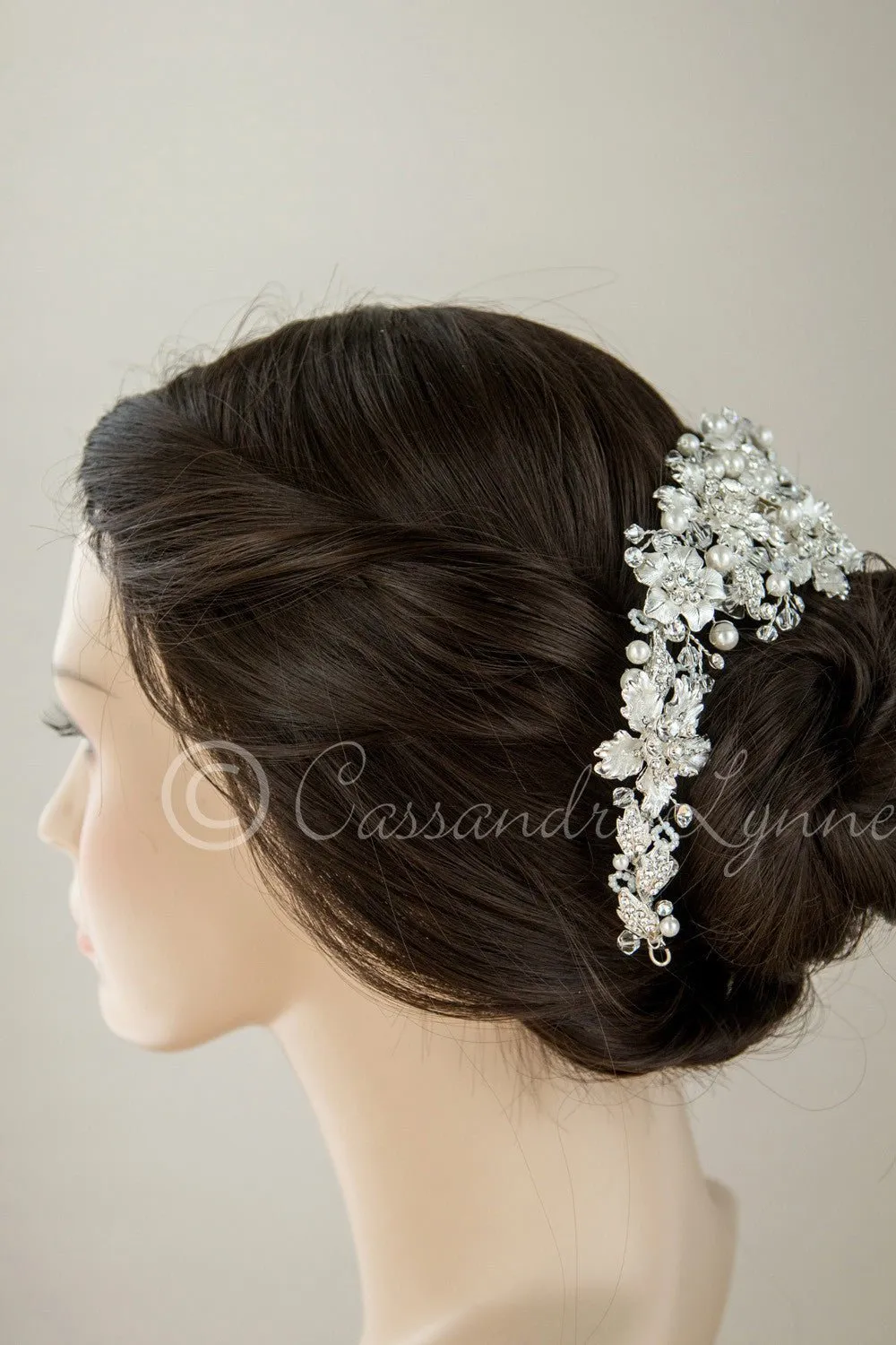 Bridal Headpiece with Frosted Flowers Pearls and Crystals