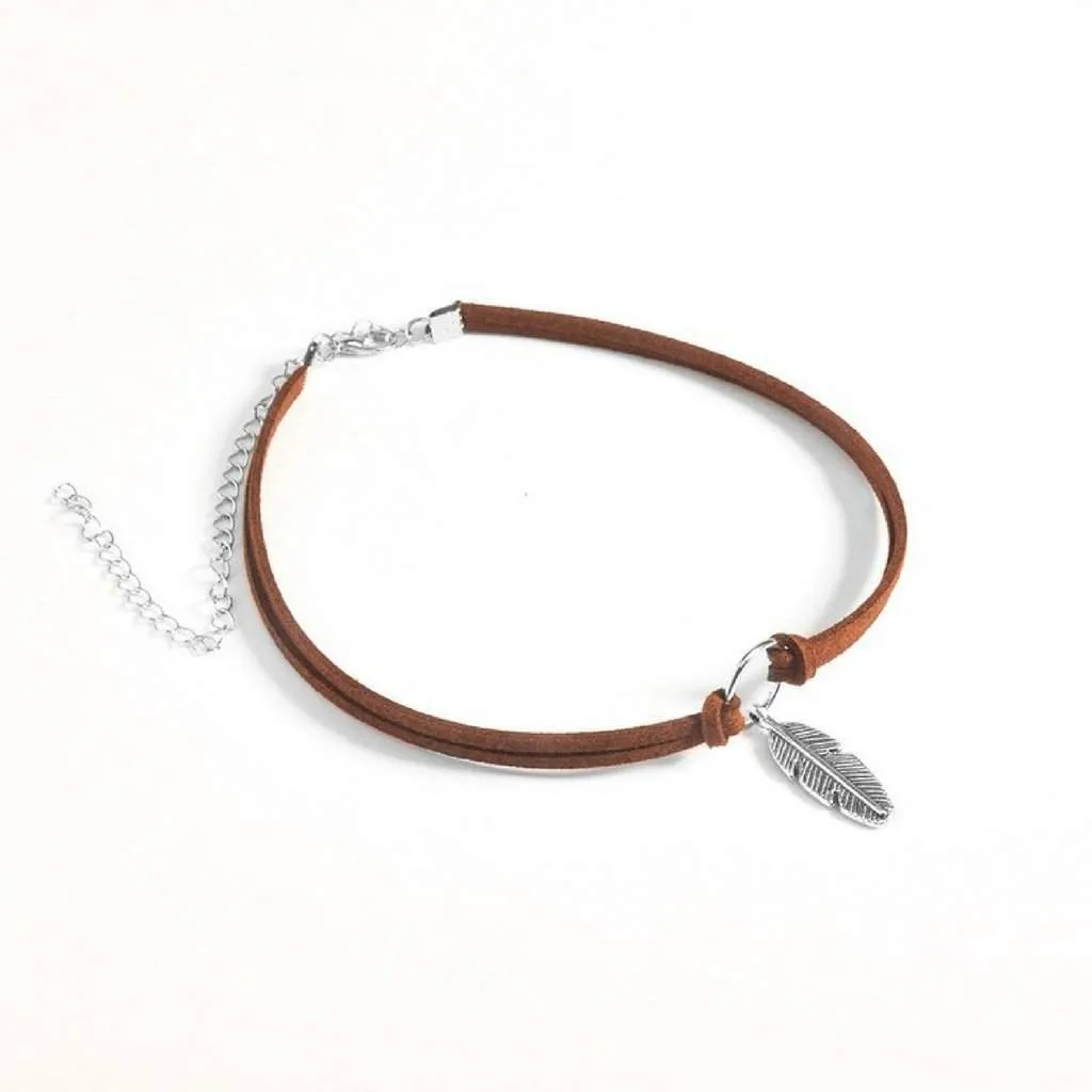 Brown Choker with Silver Circle and Feather Charm