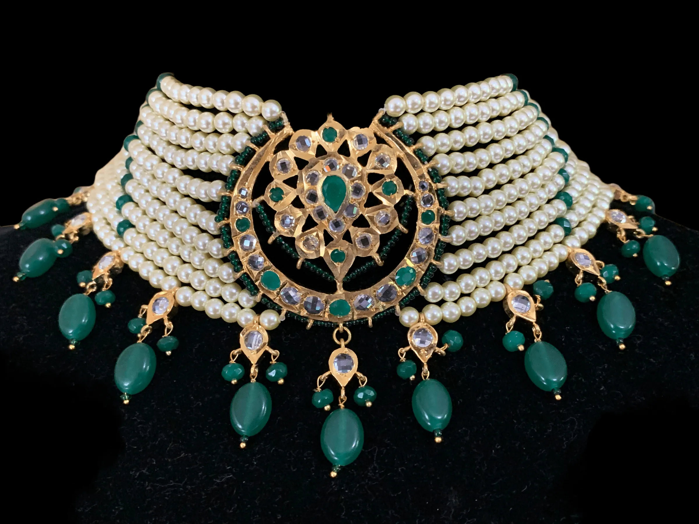 C103 Noor choker set in green with golden pearls (READY TO SHIP )