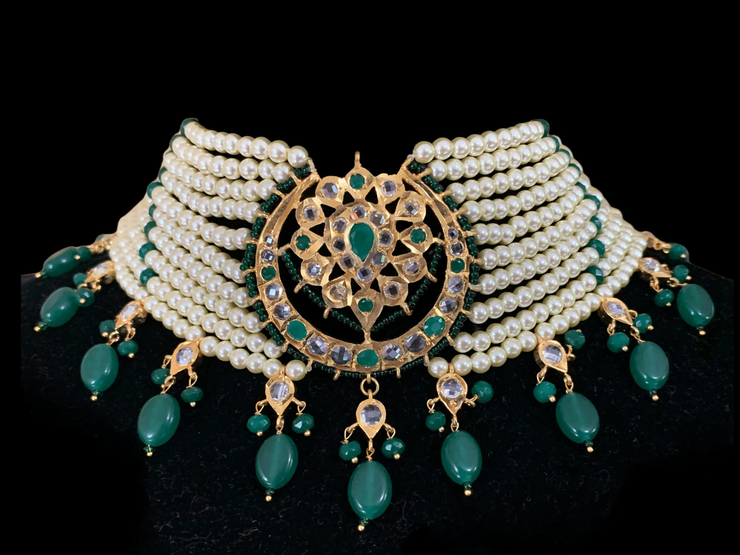 C103 Noor choker set in green with golden pearls (READY TO SHIP )