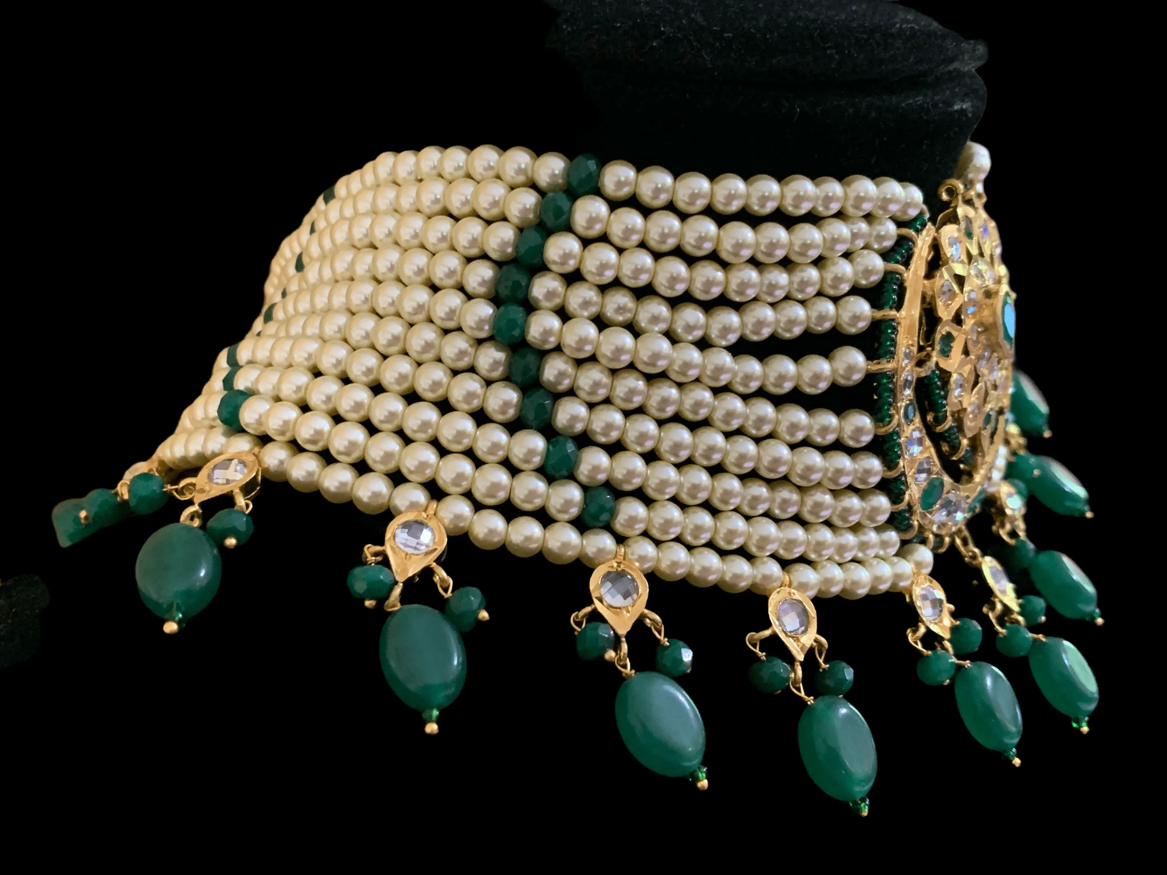 C103 Noor choker set in green with golden pearls (READY TO SHIP )