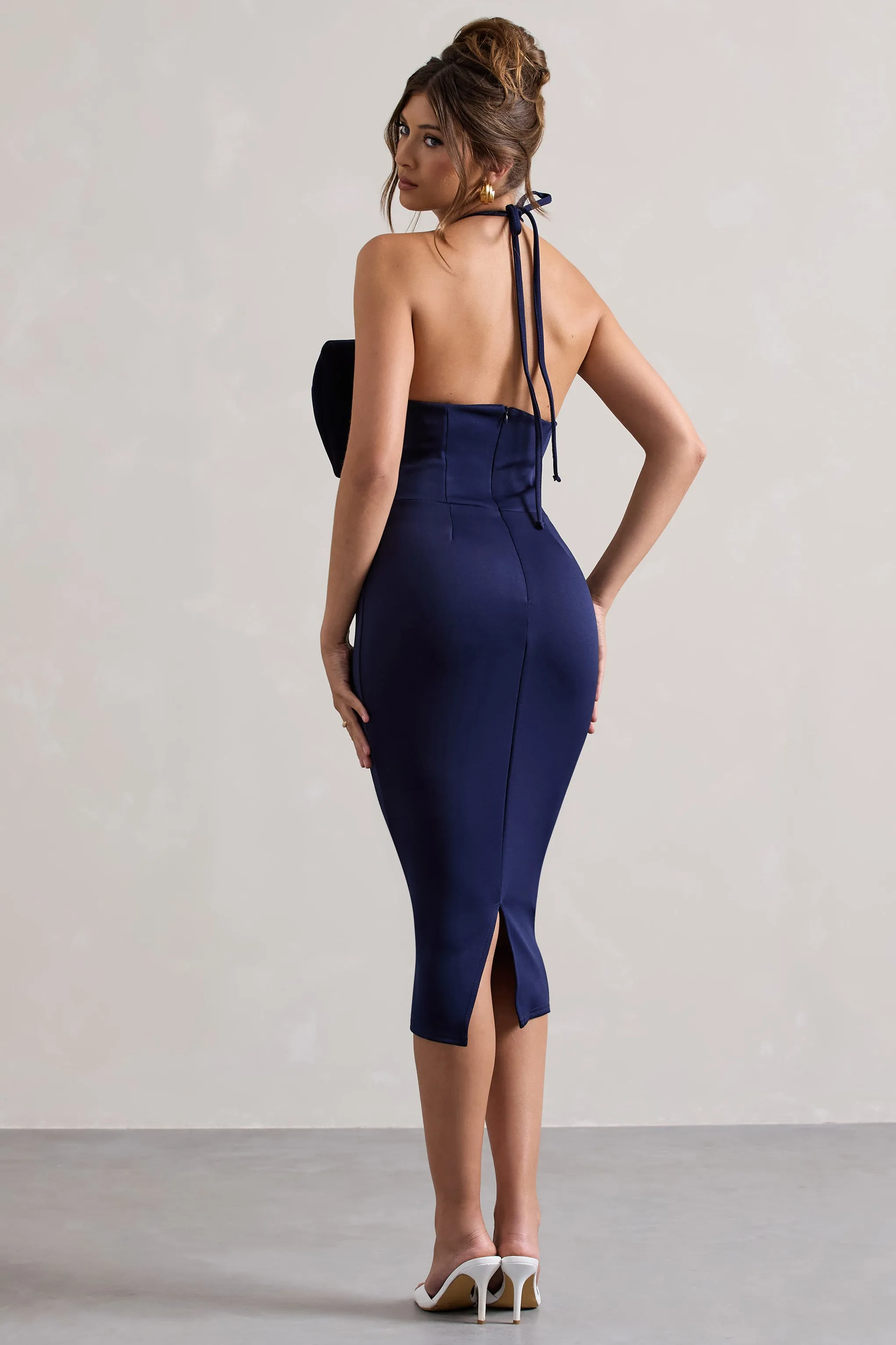 Carly | Navy Halter-Neck Midi Dress With Bow