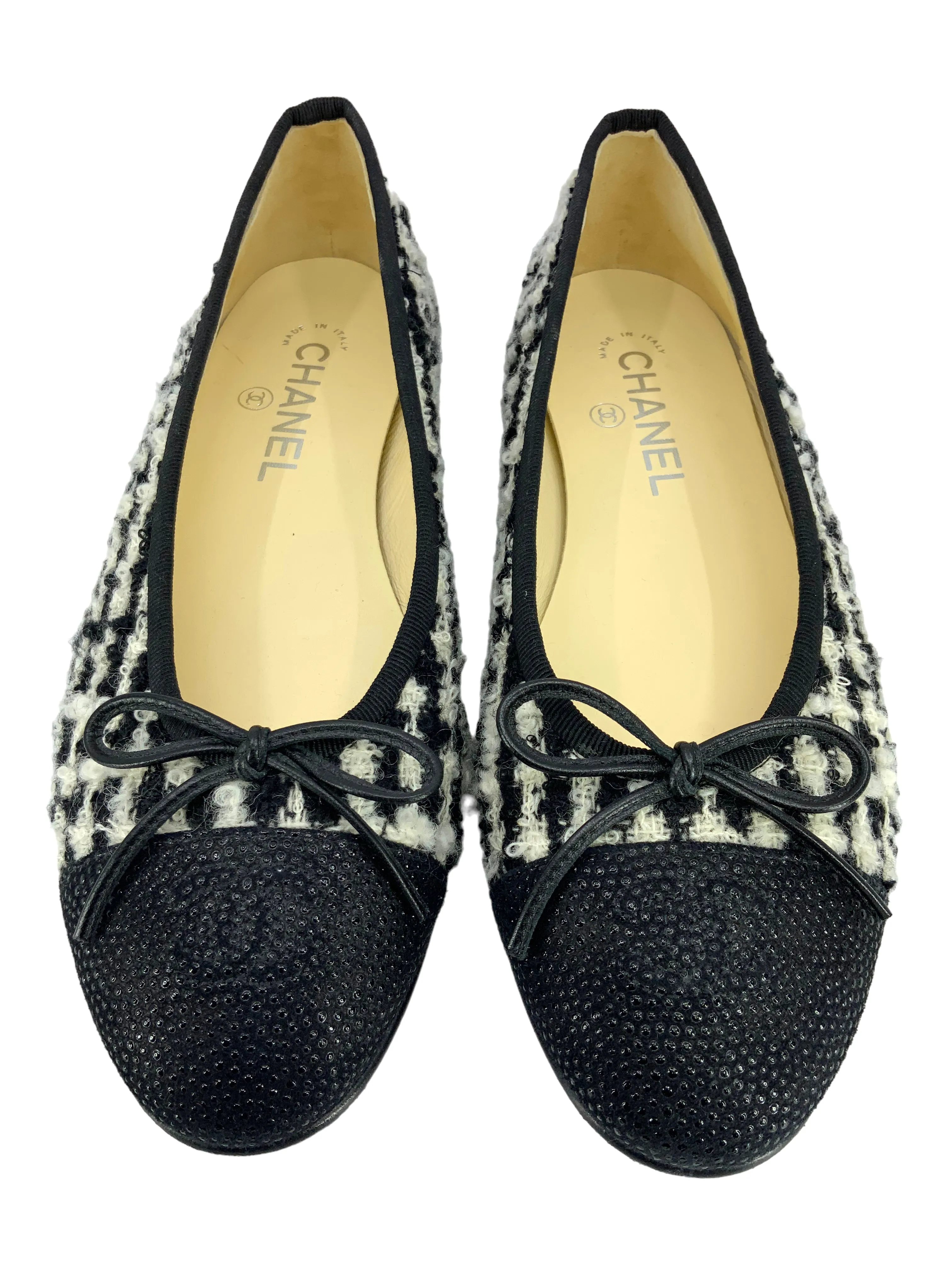 Chanel Tweed CC Logo Cap Toe Ballerina Flats Size 8