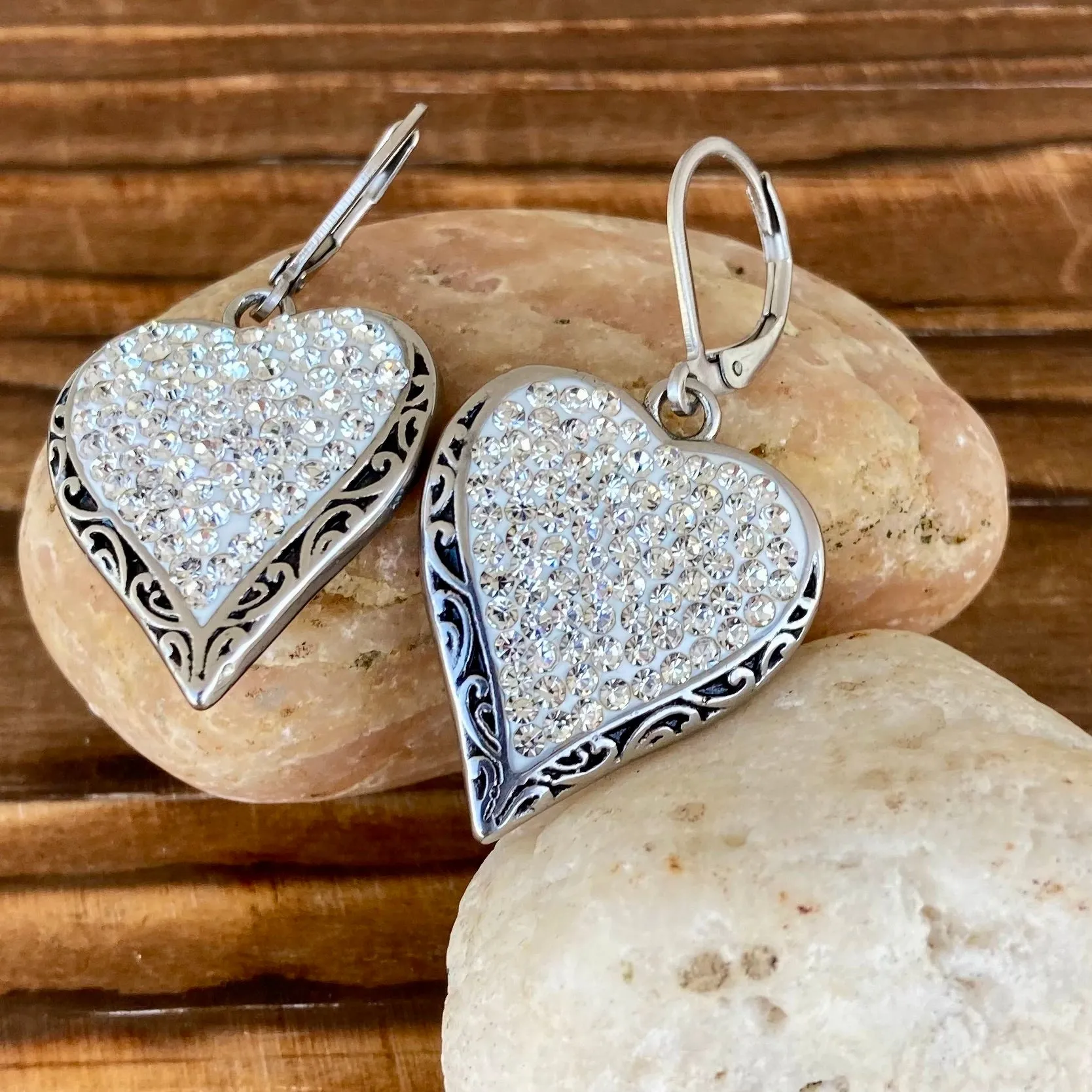 Crystal Heart Earrings - White - Lever Back - AJ1LE