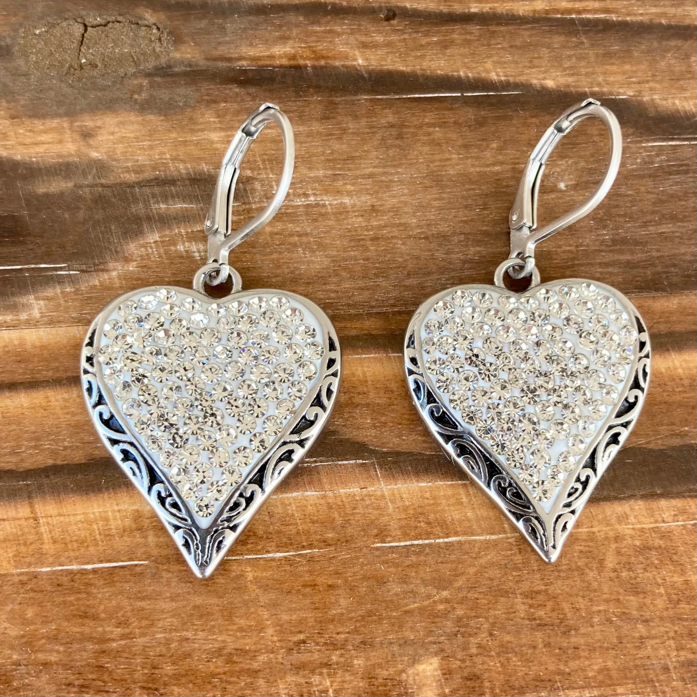 Crystal Heart Earrings - White - Lever Back - AJ1LE