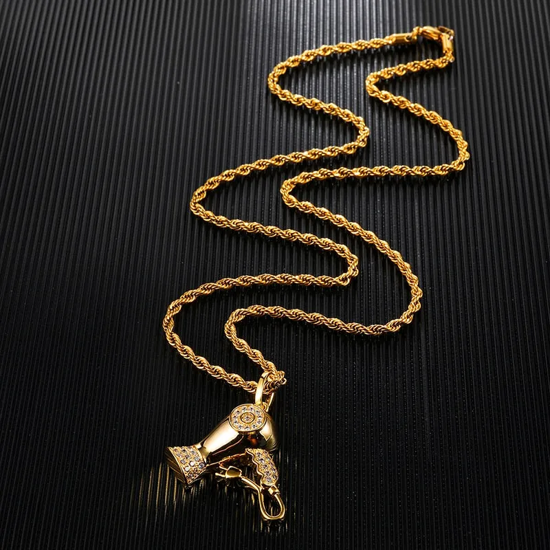 Cubic-Zirconia-Studded Hairdryer Bling Hip-hop Pendant Necklace