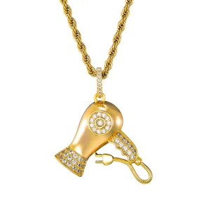 Cubic-Zirconia-Studded Hairdryer Bling Hip-hop Pendant Necklace