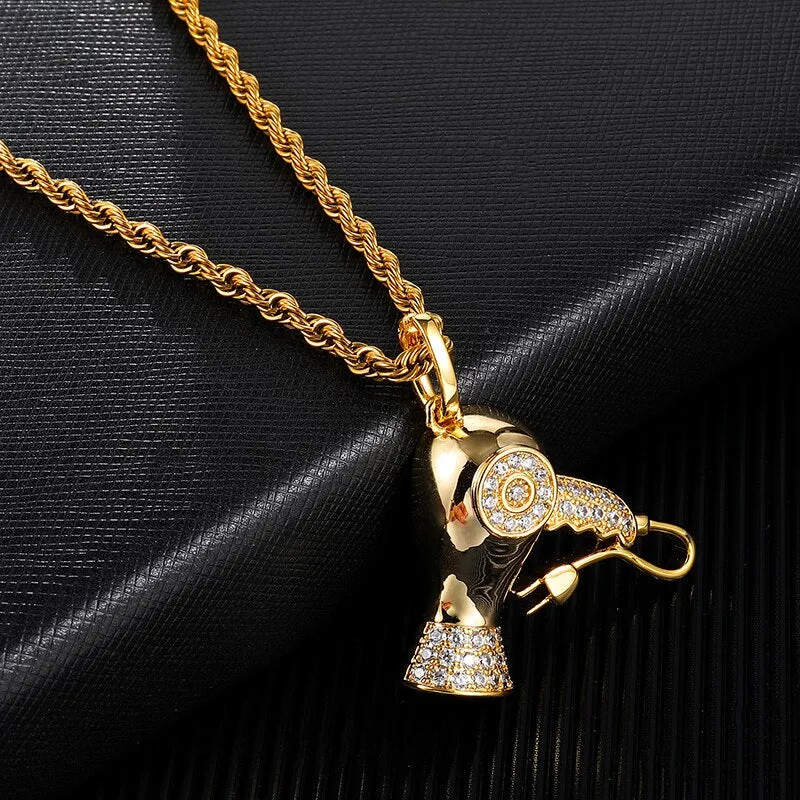 Cubic-Zirconia-Studded Hairdryer Bling Hip-hop Pendant Necklace