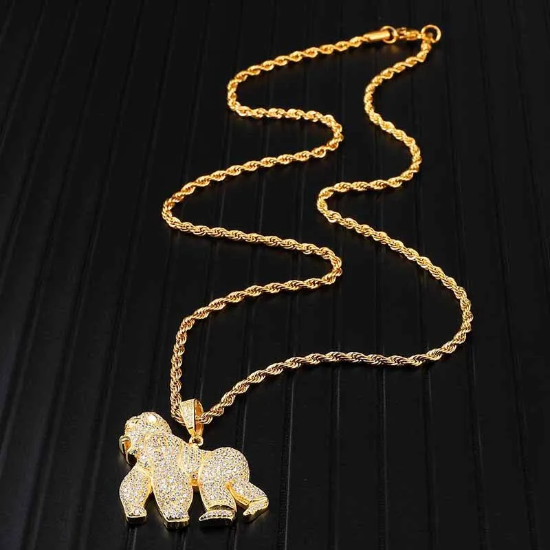 Cubic-Zirconia-Studded Orangutan Bling Rope Chain Hip-hop Pendant Necklace