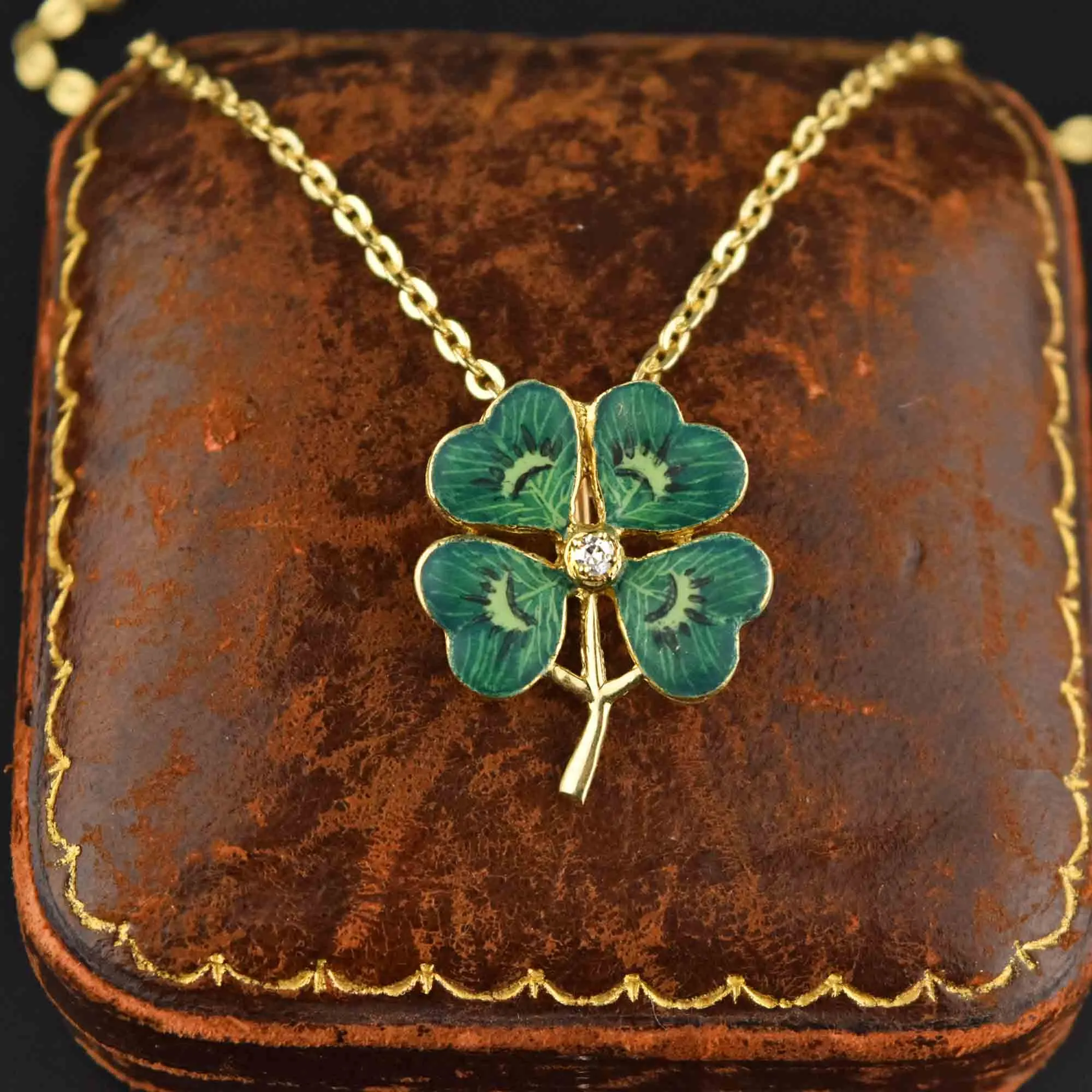 Diamond 14K Gold Enamel Clover Pendant, Art Nouveau Style