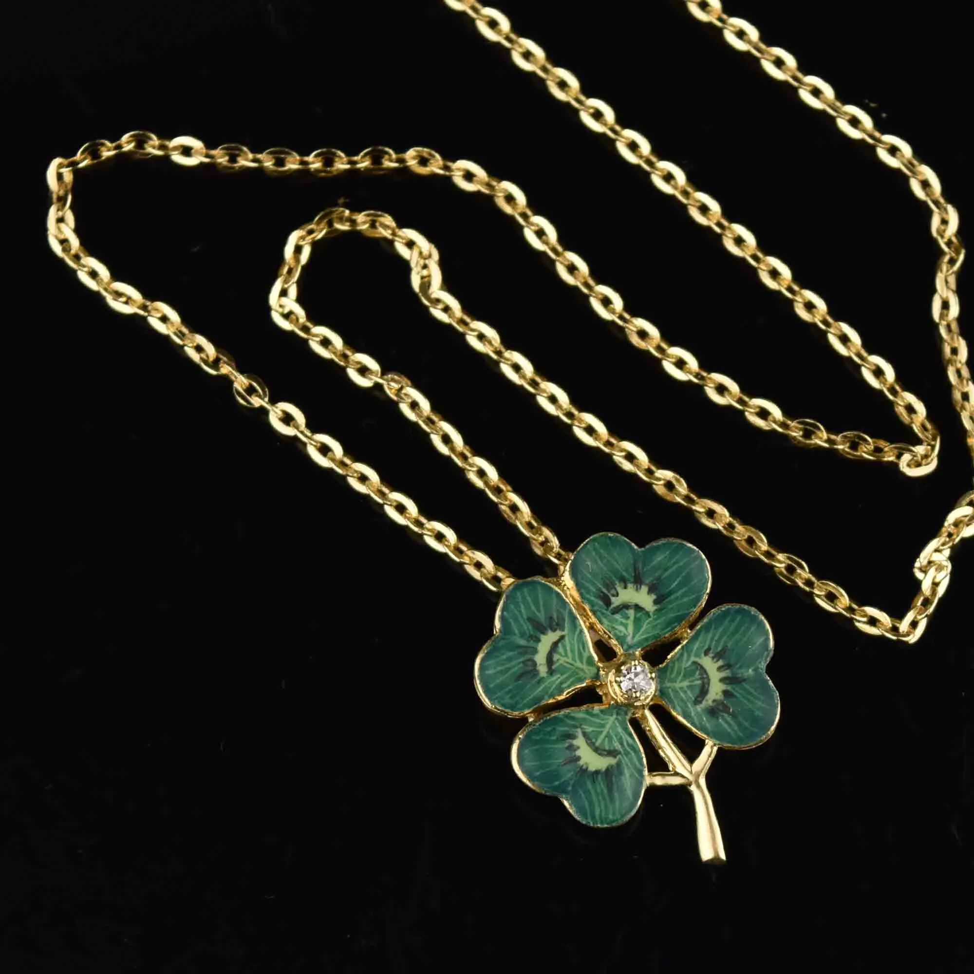 Diamond 14K Gold Enamel Clover Pendant, Art Nouveau Style