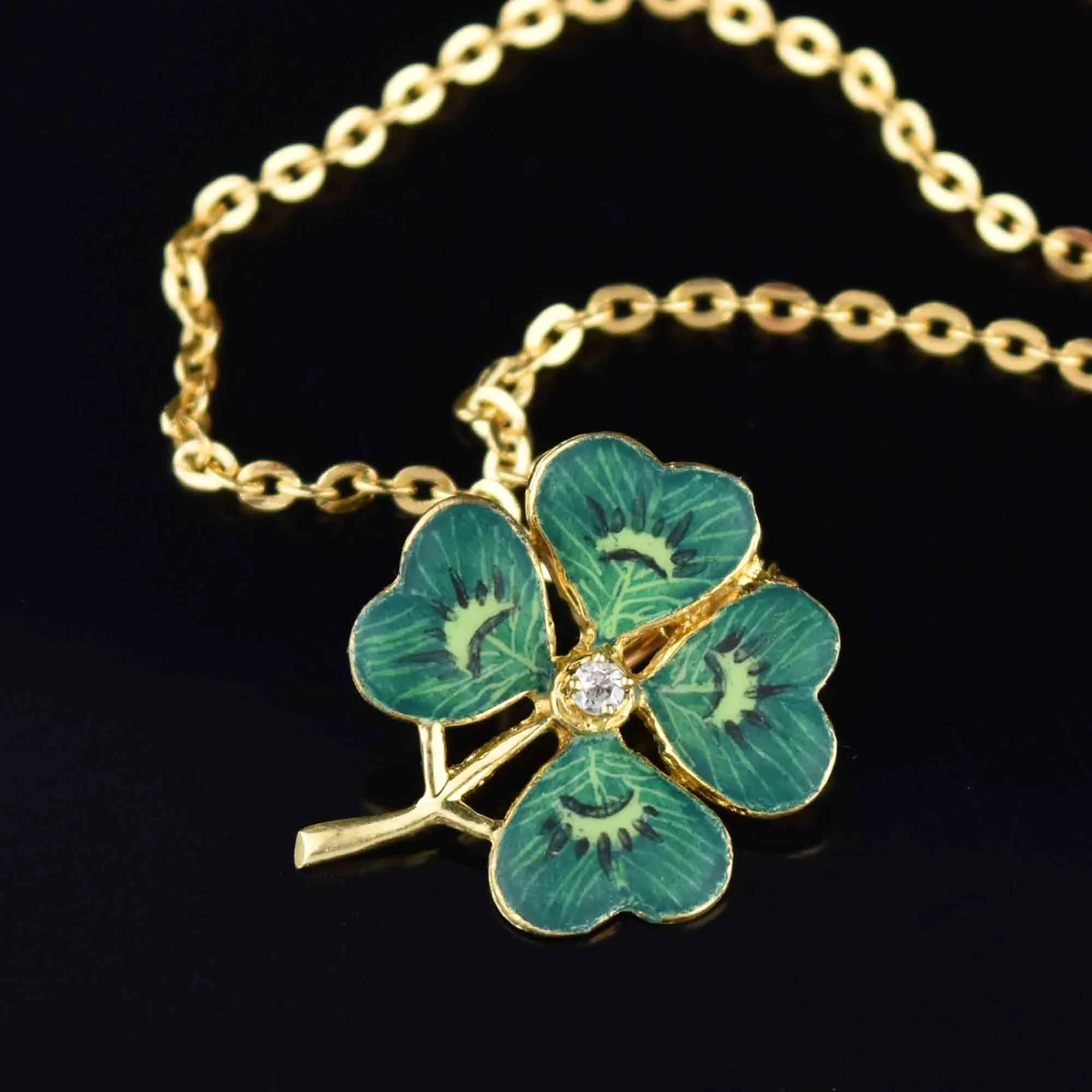 Diamond 14K Gold Enamel Clover Pendant, Art Nouveau Style