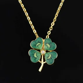 Diamond 14K Gold Enamel Clover Pendant, Art Nouveau Style