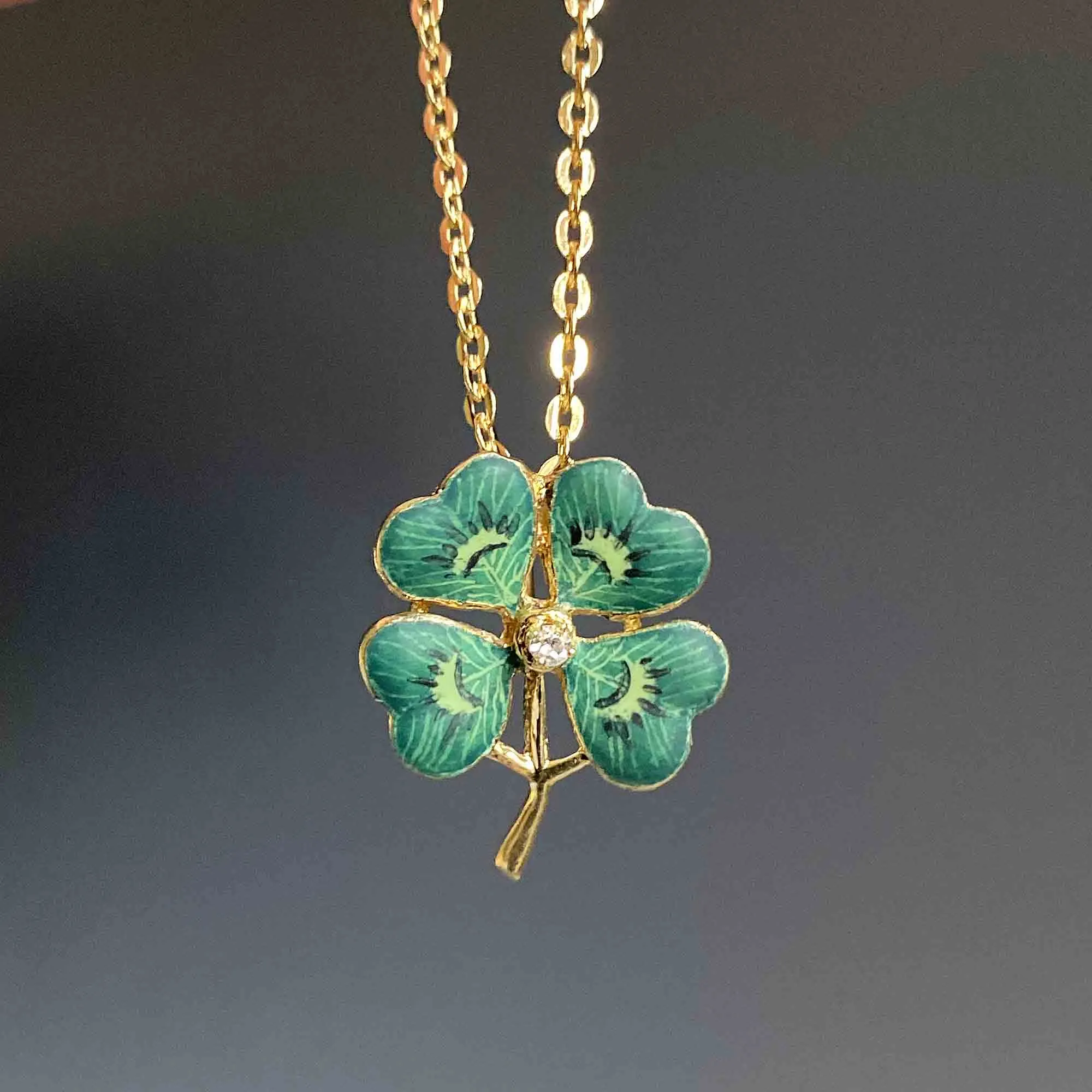 Diamond 14K Gold Enamel Clover Pendant, Art Nouveau Style