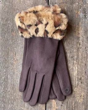 Faux Suede Gloves with Faux Fur Leopard Cuff - Chocolate Brown