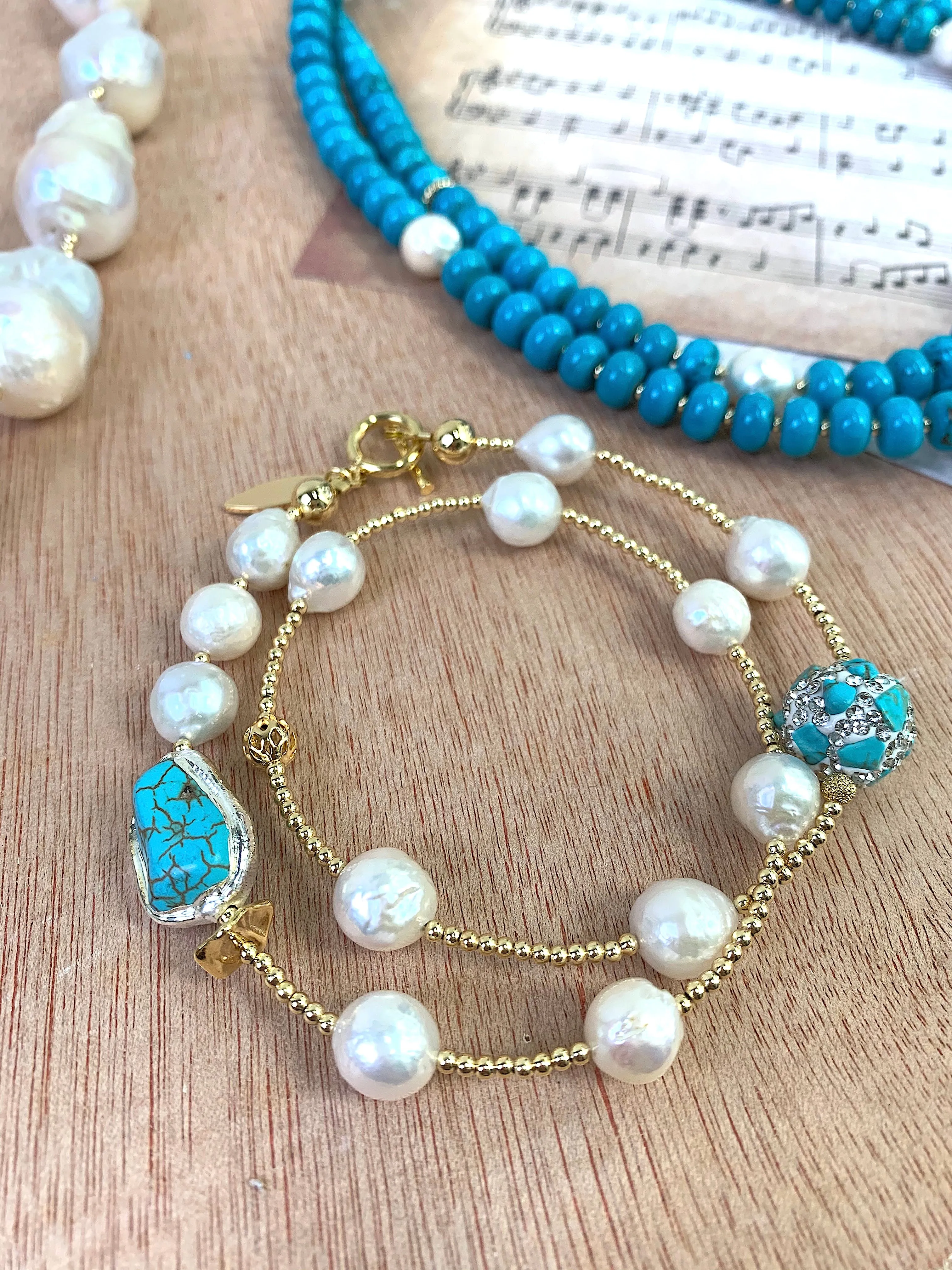 Freshwater Pearls With Turquoise Double Wrapped Bracelet EB001