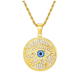 Gemstone-Studded Gold-Plated Evil Eye Bling Stainless Steel Hip-hop Pendant Necklace