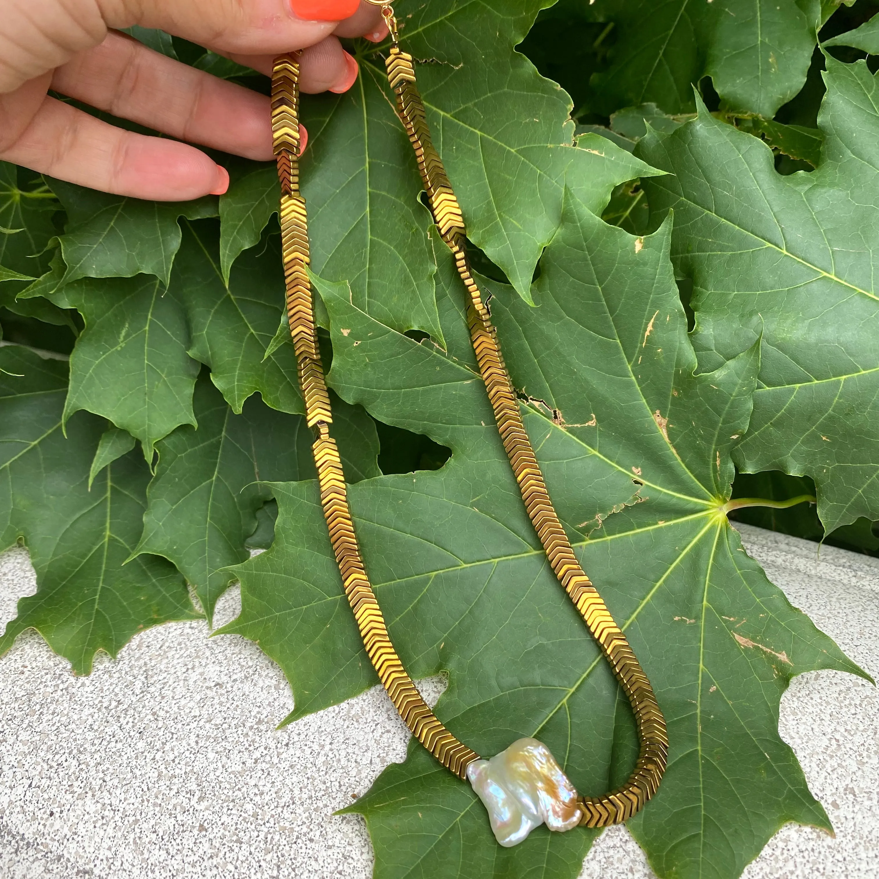 Gold Hematite Beads & Large Square Freshwater Keshi Pearl Necklace, Vermeil Toggle Clasp, 17or 18.5in