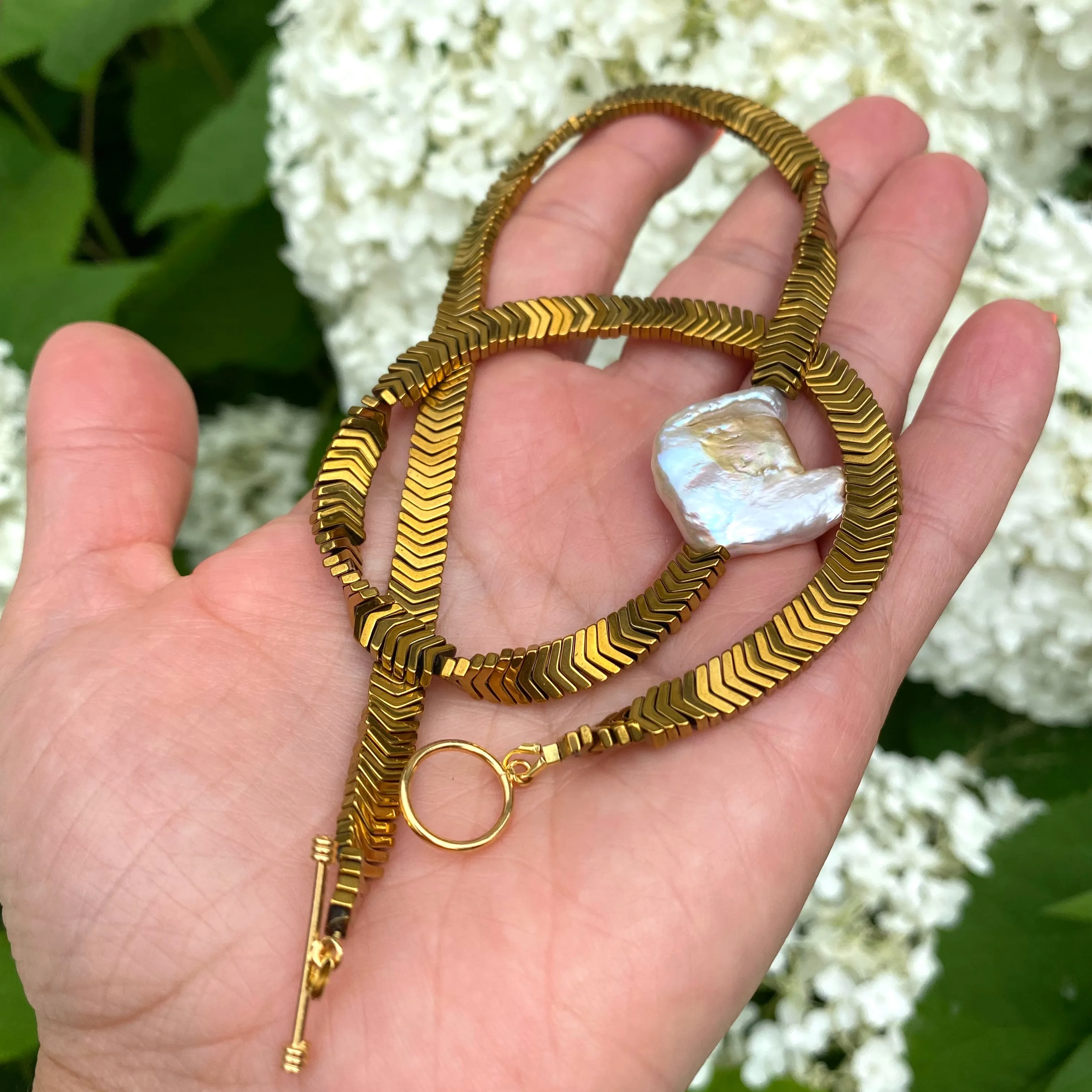 Gold Hematite Beads & Large Square Freshwater Keshi Pearl Necklace, Vermeil Toggle Clasp, 17or 18.5in