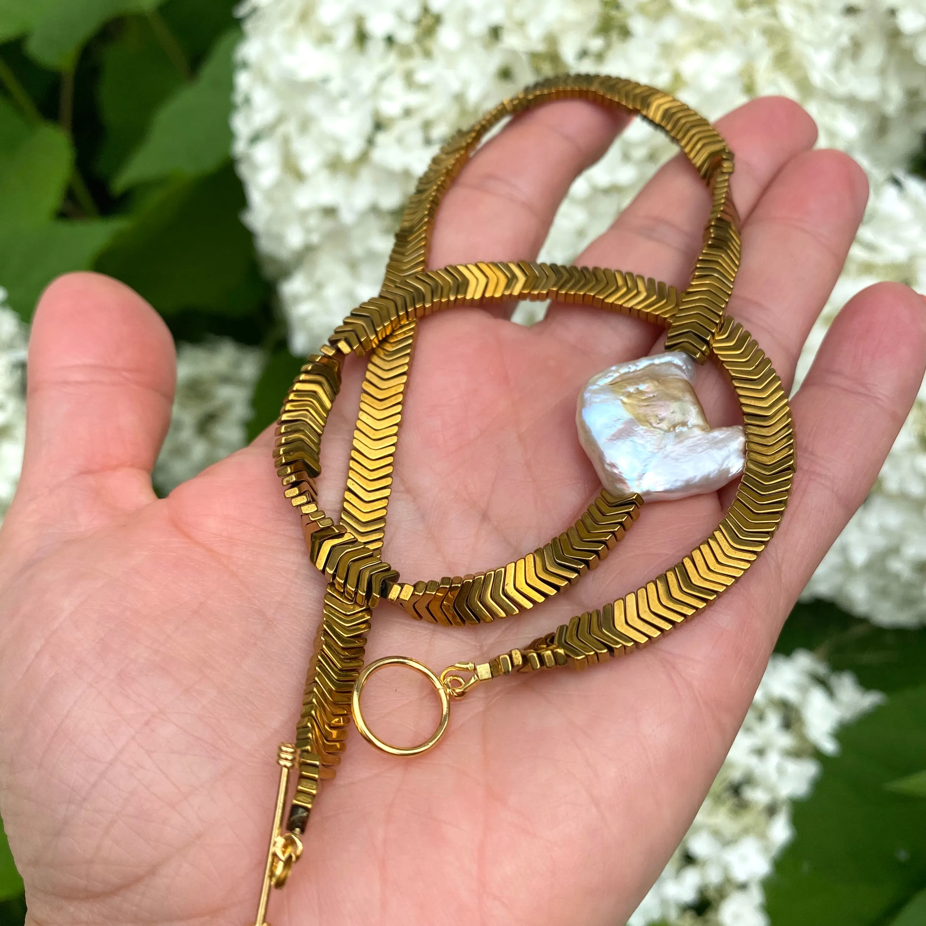 Gold Hematite Beads & Large Square Freshwater Keshi Pearl Necklace, Vermeil Toggle Clasp, 17or 18.5in