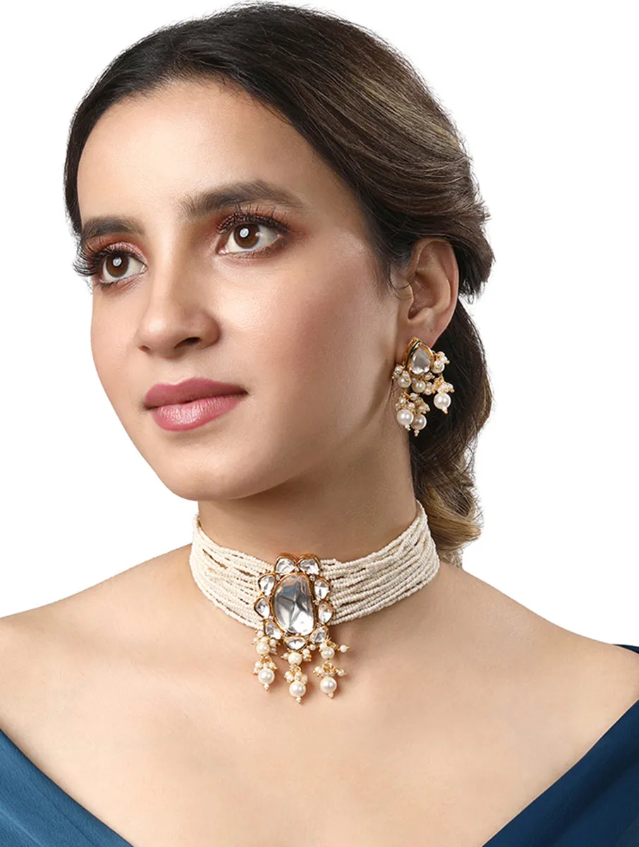 Gold Plated Kundan Necklace with Pearls