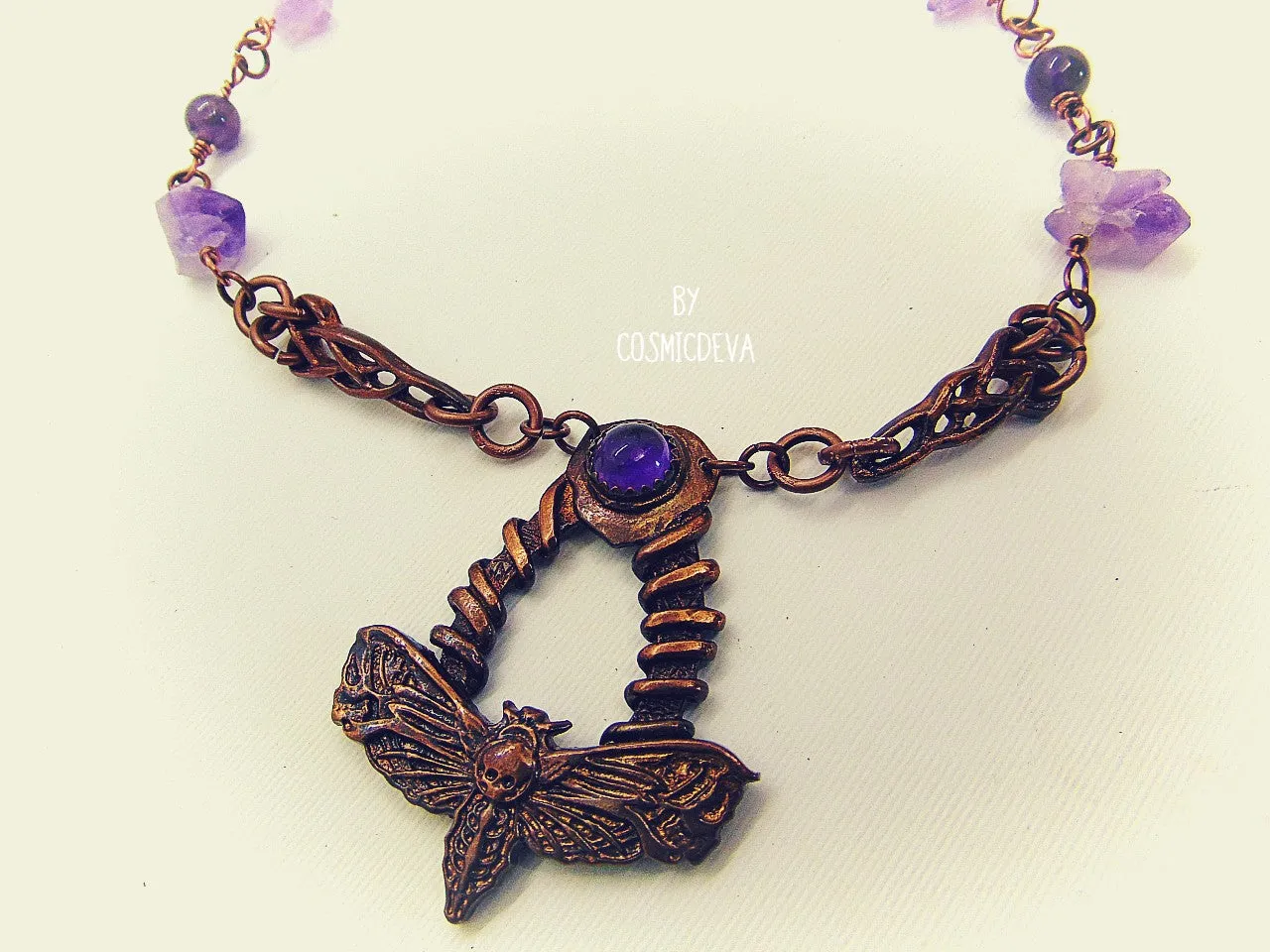 Gothic Moth Copper Pendant Necklace With Raw Amethyst