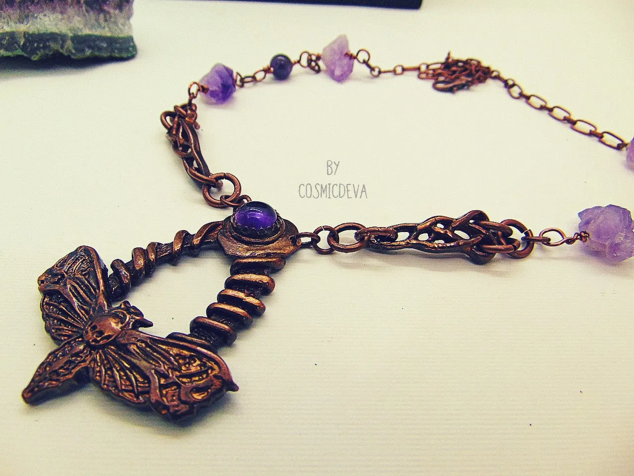 Gothic Moth Copper Pendant Necklace With Raw Amethyst