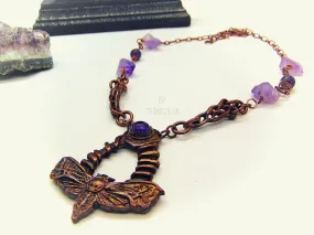 Gothic Moth Copper Pendant Necklace With Raw Amethyst