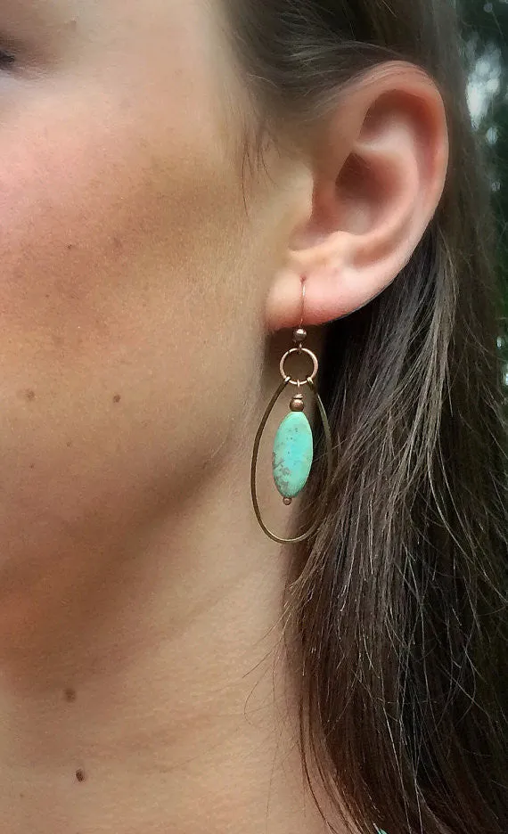 Green Turquoise and Copper Hammered Dangle Hoop Earrings