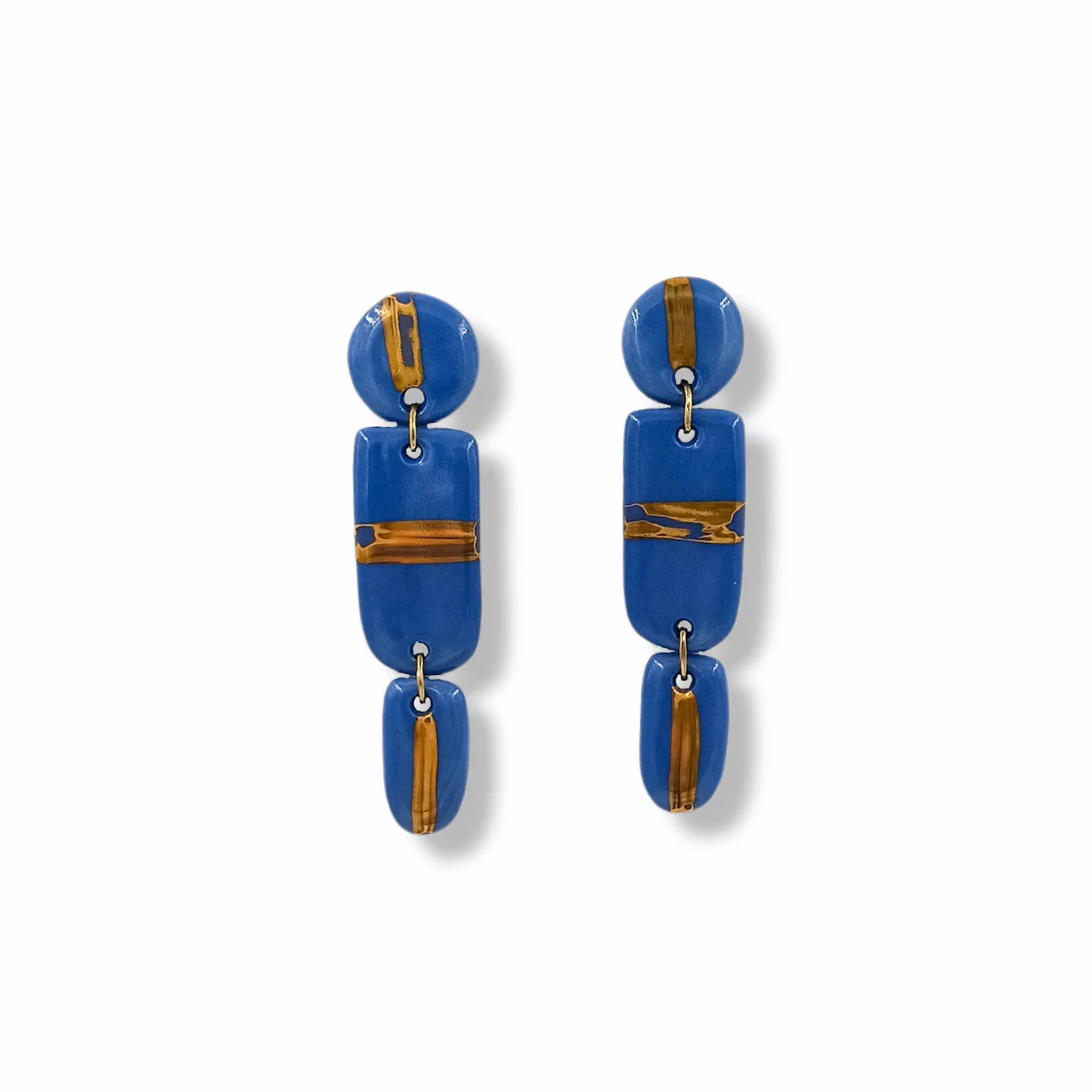 Handmade Long Dangle Earrings in Blue Porcelain "Golden Line"