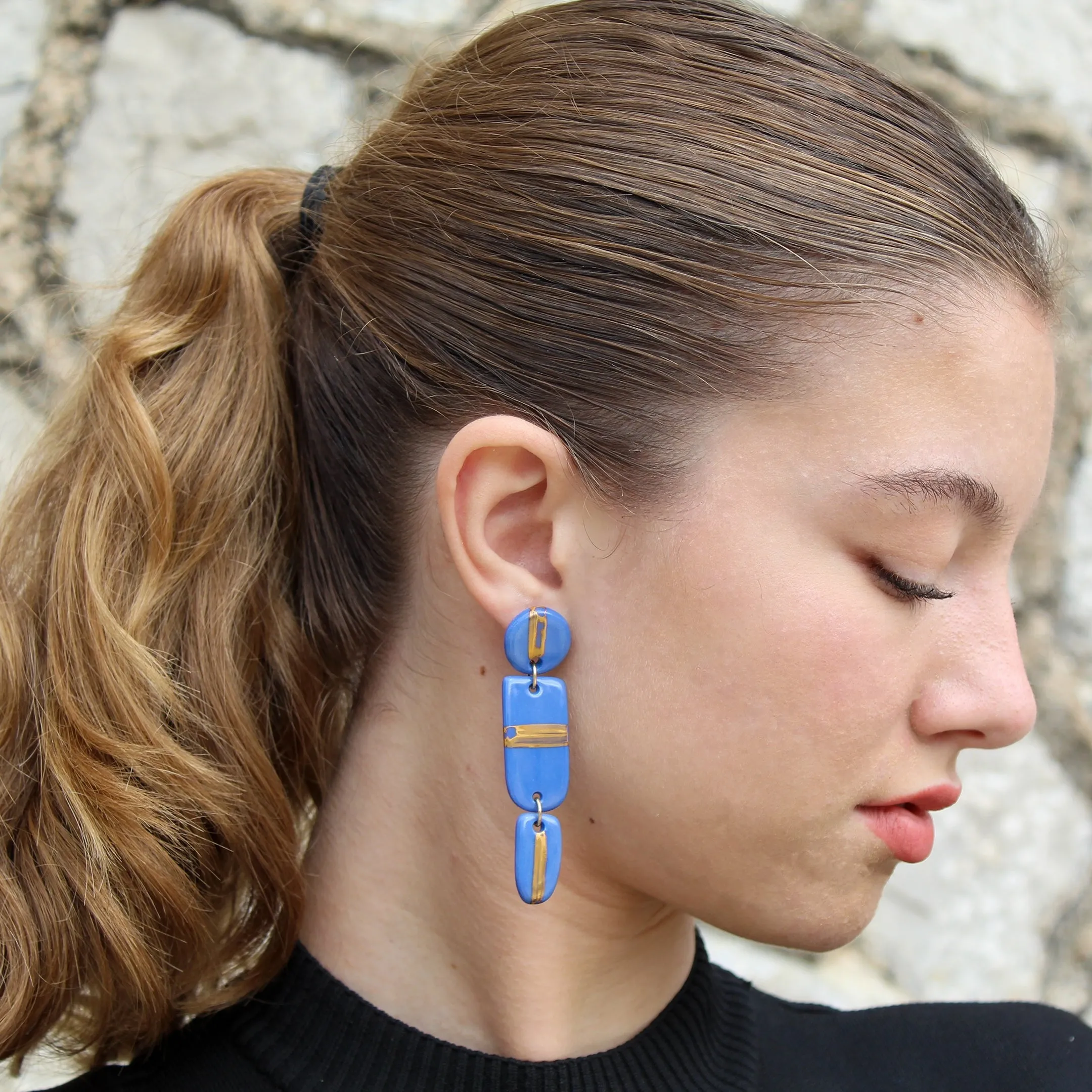 Handmade Long Dangle Earrings in Blue Porcelain "Golden Line"