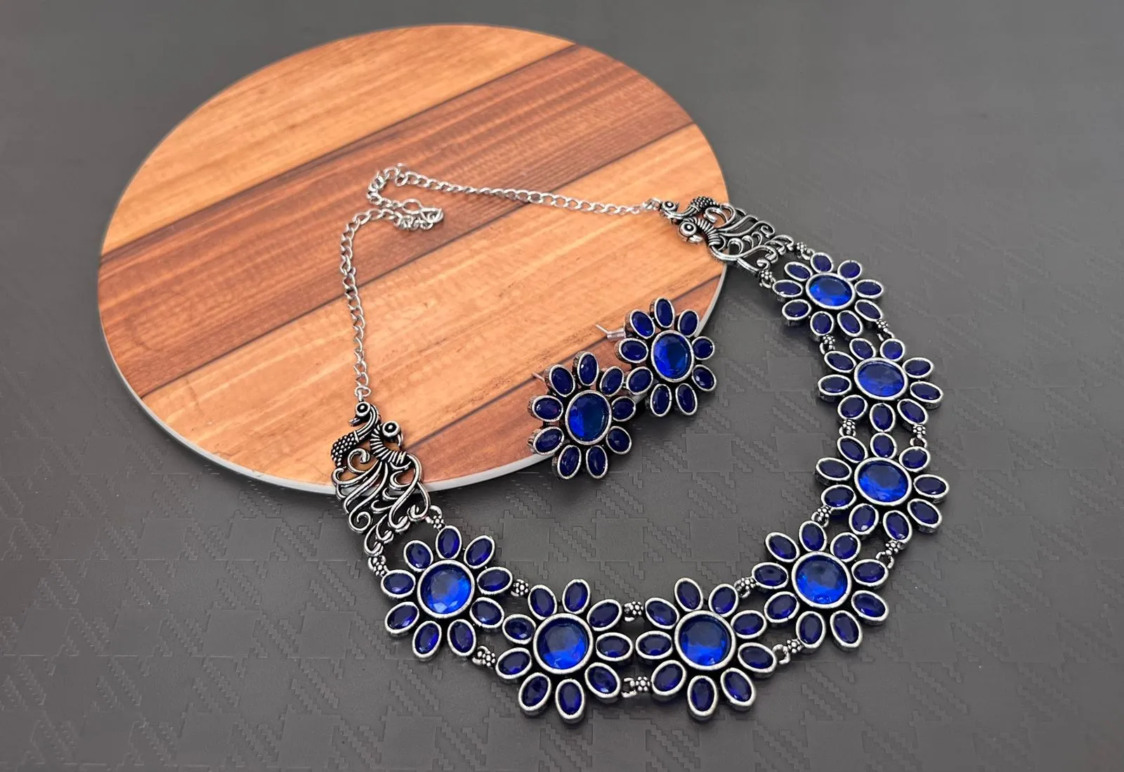 Indigo Blue  stones Premium quality  Oxidized Silver finish choker set with matching earrings-KARTI001OBL