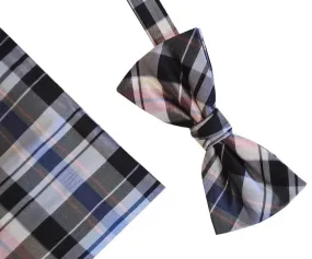 L A Smith Blue And Pink Check Silk Bow Tie And Hank Set